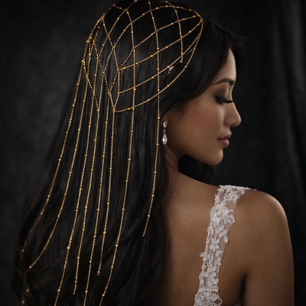Gold Beaded Hair Chain Headpiece, Bridal Hair Jewelry