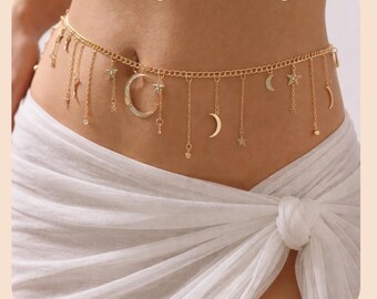 Gold Star Body Chain Celestial Gold Star Moon Waist Chain: Celestial Body Jewelry - Etsy main image 3