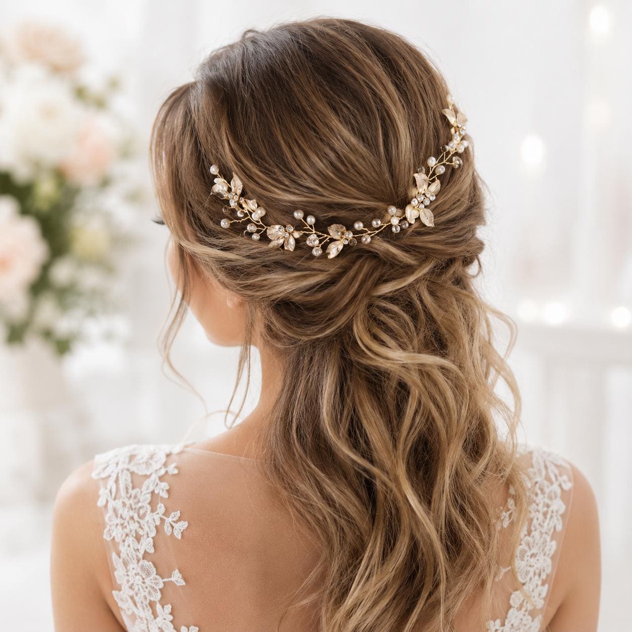 Gold Bridal Hair Vine, Pearl Crystal Wedding Headpiece, Leaf Accessory