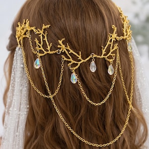 Gold Crystal Bridal Head Chain, Fairy Crown Wedding Headpiece, Romantic Vine