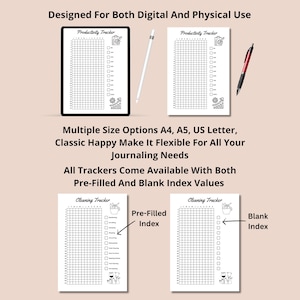 May include: A digital and physical productivity and cleaning tracker set featuring grid layouts, checkboxes, and icons. The text includes 'Productivity Tracker', 'Cleaning Tracker', 'Pre-Filled Index', 'Blank Index', and size options like A4, A5, and US Letter.