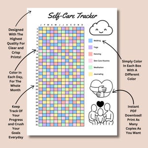 May include: A printable Self-Care Tracker sheet featuring a grid for tracking daily habits across twelve months. The layout includes a color-coded legend for activities like walking, yoga, dancing, skin care, meditation, and journaling, alongside line art illustrations of a cloud, a heart, and a group of people.