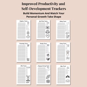 May include: Nine white printable tracker sheets with black ink text and icons. Titles include Improved Productivity and Self-Development Trackers, Confidence, Good Deeds, Writing, Productivity, Reading, Cooking, Work, Language Learning, and Yoga.