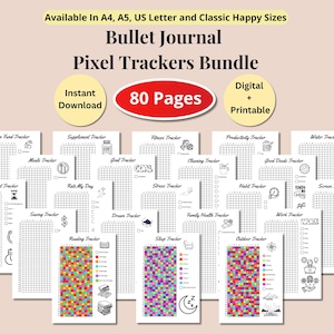 バレットジャーナル ピクセルトラッカー | 印刷可能な気分＆習慣トラッキングプランナーテンプレート | デジタルBujo目標トラッカー