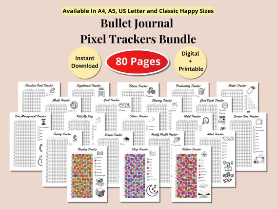 Bullet Journal Pixel Tracker | Printable Mood & Habit Tracking Planner Template | Digital Bujo Goal Tracker