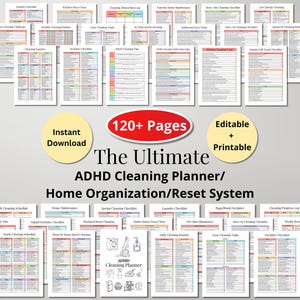 May include: A collection of over 120 printable and editable pages for an ADHD cleaning planner and home organization system. The documents feature various checklists, schedules, and logs with colorful headers and text on white paper.