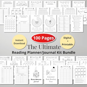 Puede incluir: Un paquete de kit de planificador/diario de lectura digital e imprimible con 100 páginas. El kit incluye rastreadores de lectura, listas y páginas de diario. El título "The Ultimate Reading Planner/Journal Kit Bundle" se muestra. También son visibles las palabras "Instant Download" y "Digital + Printable".