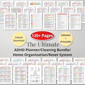 May include: A collection of over 120 printable pages for an ADHD cleaning and home organization planner. The bundle includes various checklists, schedules, and logs with text such as 120+ Pages, Instant Download, Editable + Printable, and The Ultimate ADHD Planner/Cleaning Bundle/Home Organization/Reset System.