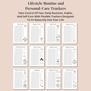 May include: A collection of twelve printable lifestyle and personal-care trackers with black text and line art on white paper. The sheets include headers like Habit, Happiness, Meals, Cleaning, Teeth Brushing, Pet Care, Self-Care, Family Time, Relaxation, Rate My Day, Weight Loss, and Gardening trackers, each featuring a grid and checklist.