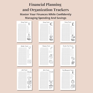 May include: A set of nine printable financial planning and organization trackers with black text and line art on white paper. The sheets include headers for Saving, Weather, Shopping, Vacation Fund, Goal, Work, and Time Management tracking.