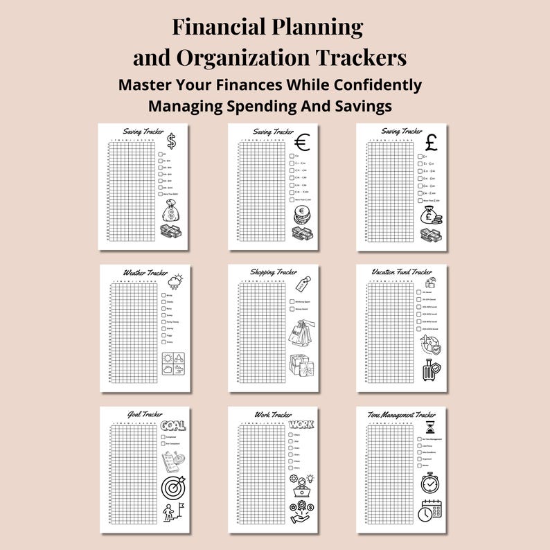 May include: A set of nine printable financial planning and organization trackers with black text and line art on white paper. The sheets include headers for Saving, Weather, Shopping, Vacation Fund, Goal, Work, and Time Management tracking.