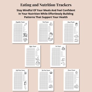 May include: A set of eight white paper nutrition tracker sheets with black text and line art illustrations. The headers include Eating and Nutrition Trackers, Vegetables, Fruit, Snack, Coffee, Tea, Soft Drink, Fast Food, and Dessert trackers.
