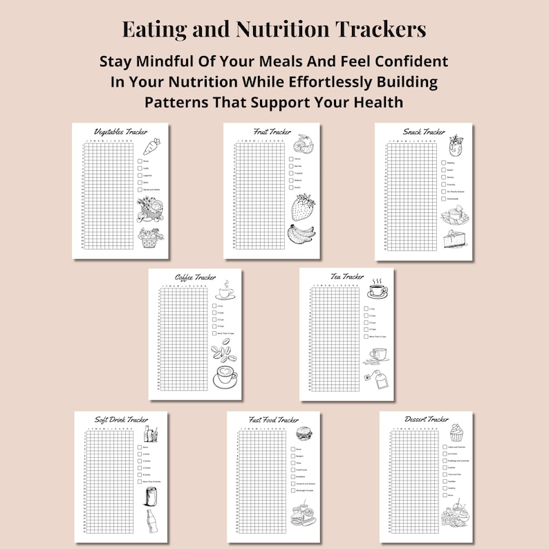 May include: A set of eight white paper nutrition tracker sheets with black text and line art illustrations. The headers include Eating and Nutrition Trackers, Vegetables, Fruit, Snack, Coffee, Tea, Soft Drink, Fast Food, and Dessert trackers.