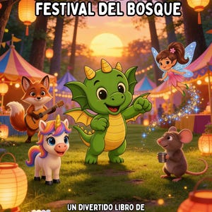 May include: A colorful illustration of a children's book cover titled "MIMI DRAGON FESTIVAL DEL BOSQUE". The image features a green dragon, a unicorn, a fox playing guitar, a fairy, and a mouse. The background includes lanterns and a sunset.
