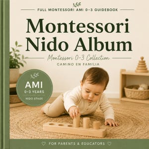 Puede incluir: Un libro guía Montessori Nido Album con portada verde que incluye el texto Full Montessori AMI 0-3 Guidebook, Montessori Nido Album, Montessori 0-3 Collection, Camino en Familia, AMI 0-3 Years Nido Stage y For Parents & Educators.