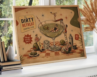 Póster de cóctel retro, lámina decorativa para piscina con temática de martinis, lámina vintage para bar, decoración con olivo, sin marco.