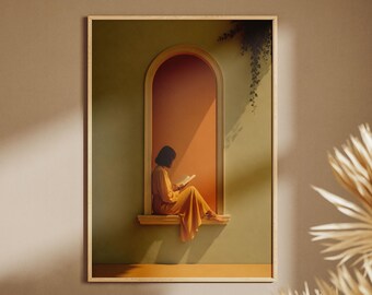 Lámina decorativa de pared con la imagen de una mujer leyendo bajo un arco soleado, en color verde salvia, sin marco.