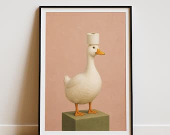 Duck Bathroom Wall Art, Funny Home Poster, Quirky Animal Print, Toilet Paper Art, Vintage Style Decor, Unframed