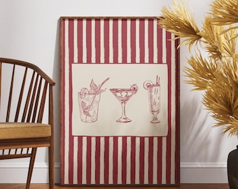 Lámina decorativa para pared de coctelería, póster de bebidas con rayas vintage, decoración retro para carrito de bar, estilo clásico, sin marco.