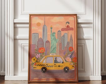 NYC Wall Art, New York City Poster with Yellow Taxi, Statue of Liberty, Unframed