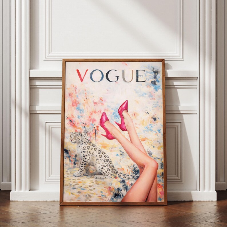 Vogue-posterprint, roze hakken sneeuwluipaard muurkunst, chique glamourmodeprint, ingelijst afbeelding 4