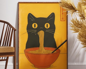 Japanese Wall Art, Kuro Neko Ramen Cat Poster, Minimalist Black Cat Print, Japandi Kitchen Decor, Modern Printable Artwork, Digital Download