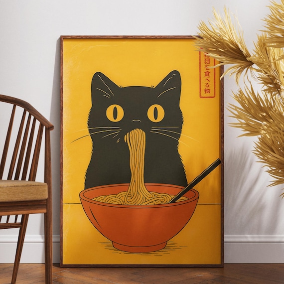 Japanese Wall Art, Kuro Neko Ramen Cat Poster, Minimalist Black Cat Print, Japandi Kitchen Decor, Modern Printable Artwork, Digital Download