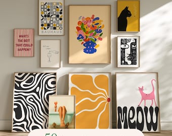 Mid Century Wall Art Bundle 50 Printable Posters, Retro Gallery Print Collection, Digital Download