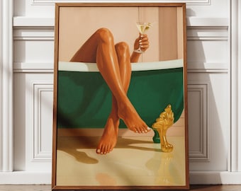 Impresión artística de Martini en la bañera verde, arte mural de baño de lujo, póster elegante de figura femenina, decoración moderna de autocuidado, descarga digital