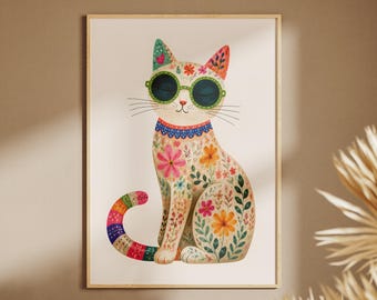 花柄の猫ポスター、サングラスをかけた猫のプリント、ボヘミアン風の女の子の部屋の装飾、子供部屋のウォールアート、額縁なし