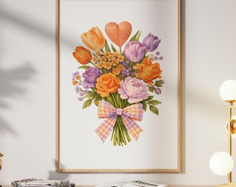 Mothers Day Floral Print, Spring Bouquet Wall Art, Cottagecore Heart Decor, Digital Download