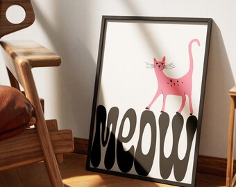Meow Cat Print, Funny Cat Poster, Pink Cat Wall Art, Gift for Cat Lovers, Digital Download