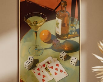 Martini Cocktail Still Life Wall Art, Vintage Bar Poster with Dice & Playing Cards, Retro Gambling Table Print, Pub Decor, Digital Download
