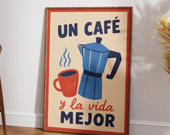 Retro Coffee Poster, Spanish Kitchen Wall Art, Moka Pot Print, Cafe Decor Gift, Unframed