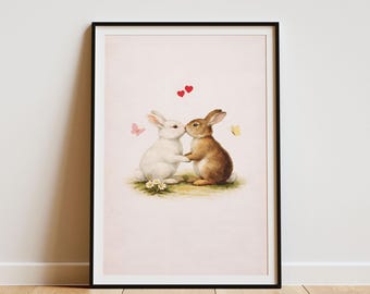 Bunny Nursery Print, Rabbit Couple Wall Art, Kids Room Decor, Valentine Gift, Digital Download