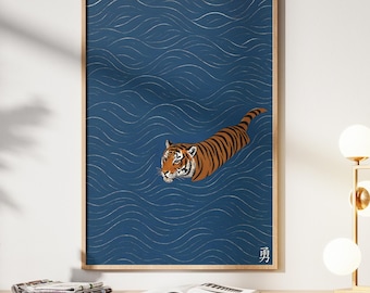 Japanese Tiger Swimming Print, Blue Ukiyo-e Wall Art, Asian Inspired Tiger Decor, Minimalist Animal Poster, Digital Download