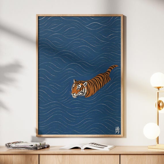 Japanese Tiger Swimming Print, Blue Ukiyo-e Wall Art, Asian Inspired Tiger Decor, Minimalist Animal Poster, Digital Download