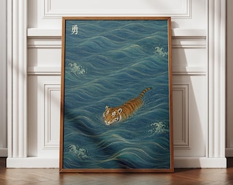 Courage Kanji Tiger Poster, Japanese Wave Wall Art, Ukiyo-e Ocean Print, Swimming Wildlife Decor, Unframed