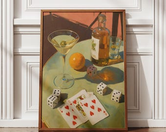 Cocktail Dice Wall Art, Martini Card Game Poster, Retro Bar Decor, Still Life Print, Unframed