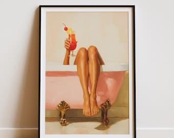 Woman Bathroom Print, Pink Bathtub Wall Art, Self Care Decor, Digital Download