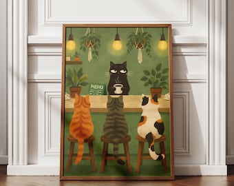 猫カフェのウォールアートプリント、猫が描かれたコーヒーバーポスター、バリスタ猫、面白いキッチン装飾、額縁なし