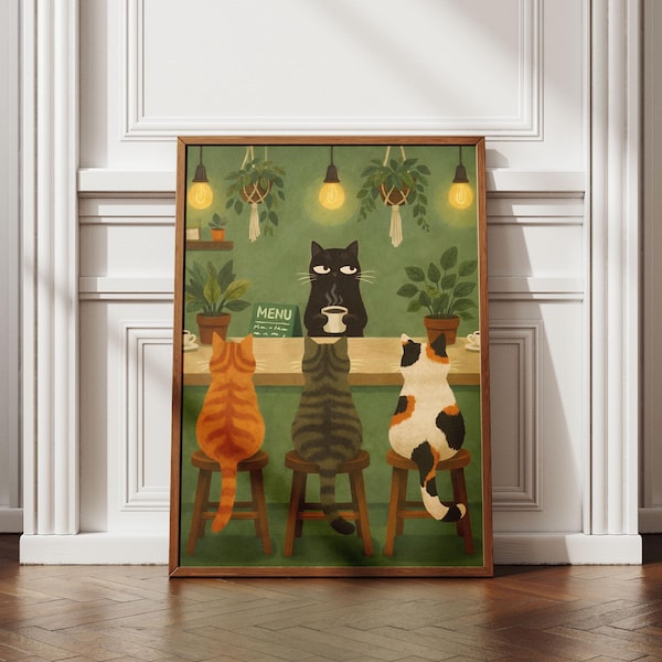 Cat Cafe Wall Art Print, Coffee Bar Poster with Cats, Barista Cats, Funny Kitchen Decor, Unframed