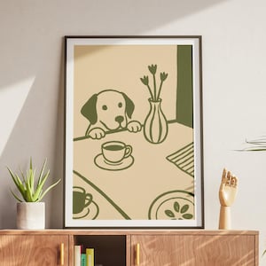 Lámina decorativa para la cocina con diseño de perro, arte mural con temática de perros, póster de cachorro travieso, póster con boceto original, decoración para amantes del café, sin marco.