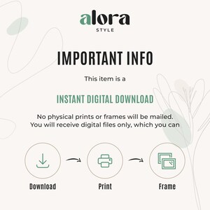Puede incluir: Gr&aacute;fico color crema con el texto "alora STYLE" y "IMPORTANT INFO". Indica que el art&iacute;culo es una "DESCARGA DIGITAL INSTANT&Aacute;NEA". Incluye iconos para descargar, imprimir y enmarcar. La imagen tiene un dise&ntilde;o minimalista con acentos verdes y beige.