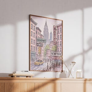 New York City Poster, Broadway Wall Art Print, Pastel Pink NYC Illustration, Empire State Building Decor, Unframed image 7