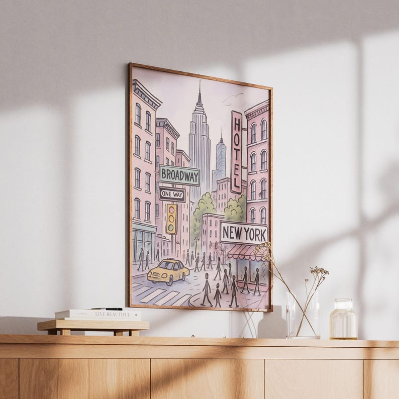 New York City Poster, Broadway Wall Art Print, Pastel Pink NYC Illustration, Empire State Building Decor, Unframed image 7