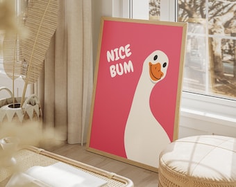 Nice Bum Bathroom Print, Funny Goose Wall Art, Duck Humor Poster, Digital Download