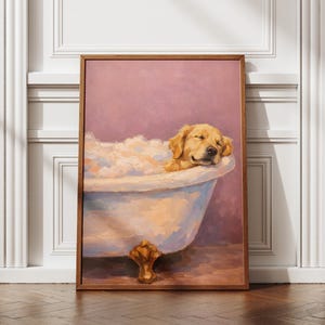 Väggkonsttryck med badkar av Golden Retriever, mysig hundbadrumsdekor, mjukrosa spa-illustration, söt gåva för husdjursälskare, digital nedladdning