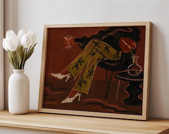 Lámina con ilustración de moda, tacones de lunares, arte mural retro de cócteles, póster de copa de martini, decoración de mediados de siglo, regalo femenino, sin marco.
