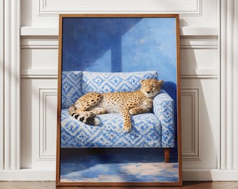 Cheetah Wall Art Print, Sleepy Big Cat Blue Sofa Poster, Living Room Animal Decor, Unframed